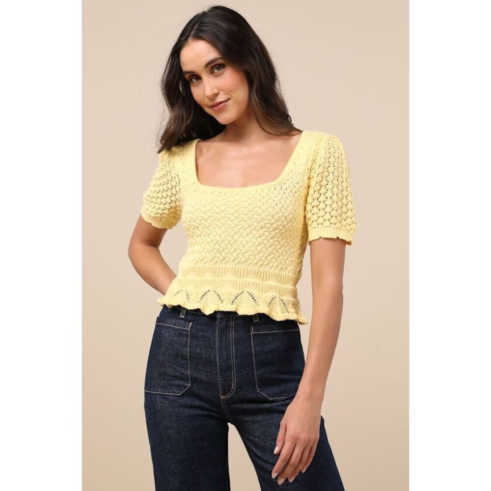 Lulus Lucky Cutie Bright Yellow Crochet Short Sleeve Sweater Top - Size L